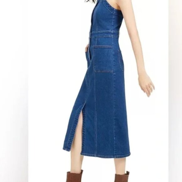 OAT Women's Fitted Denim Overall Button Dress Blue Size 14 - Picture 2 of 12